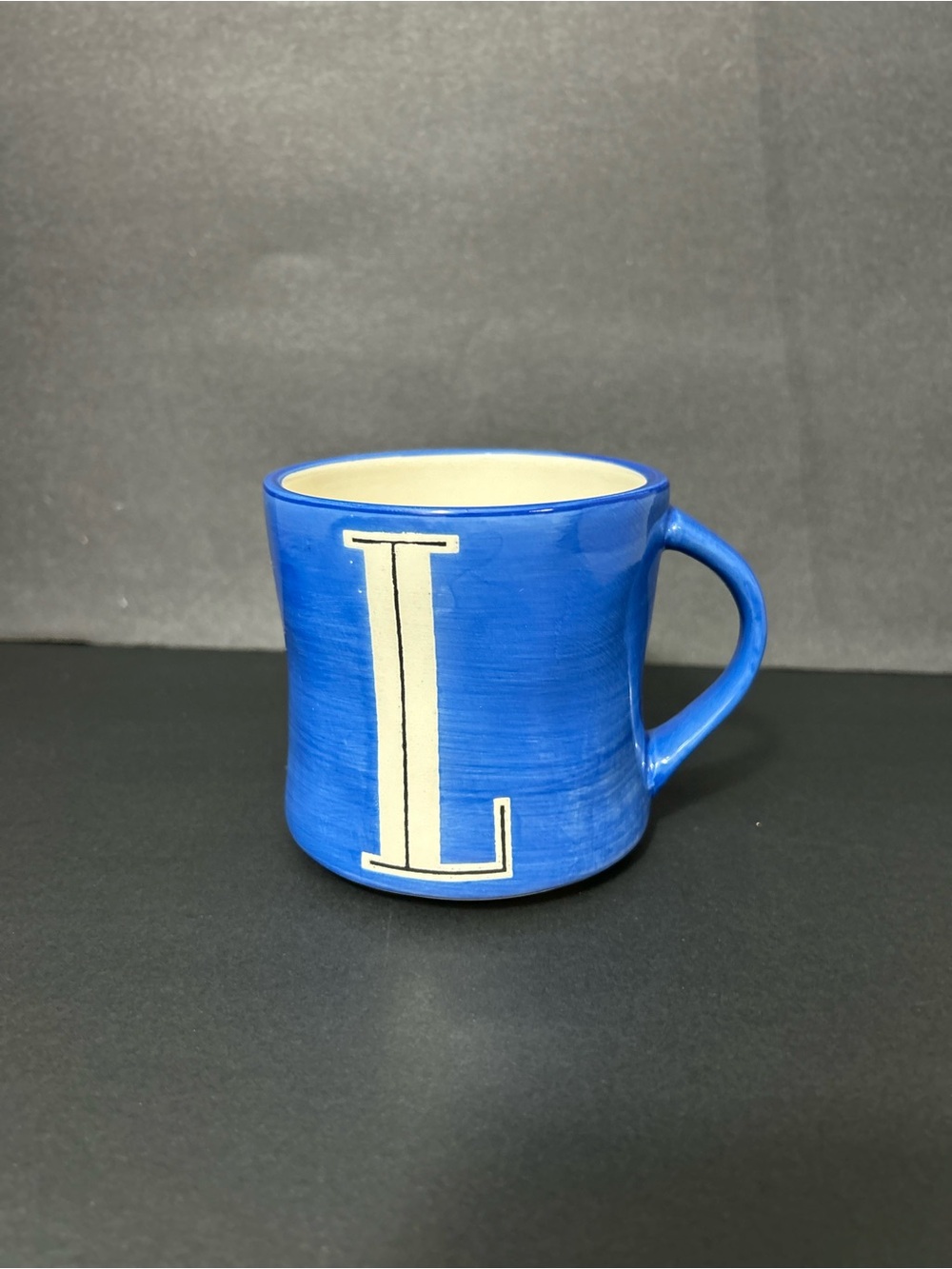 Anthropologie Blue Ceramic Mug with Cream Monogram L